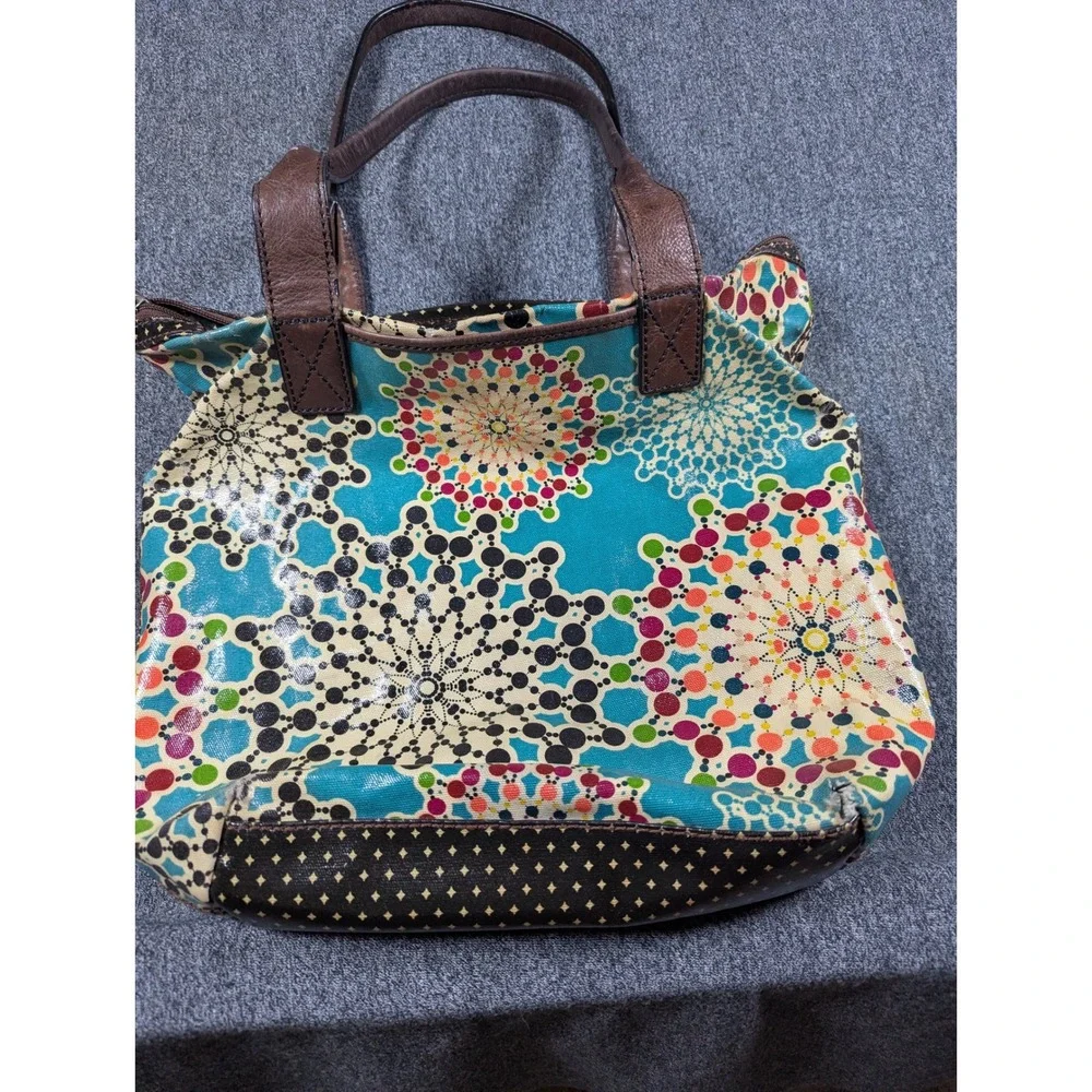 Fossil Key-Per Coated Canvas Tote Bag Teal Kaleidoscope Geometric Dots